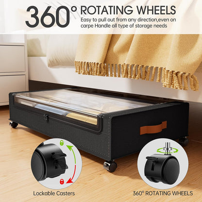 Yecaye Under Bed Storage with Wheels, 2 Pack Under Bed Storage Containers, 60L Underbed Shoe Storage with Clear Window & Label, Rolling Under Bed Metal Drawer for Clothes, Shoes, Books, Blankets