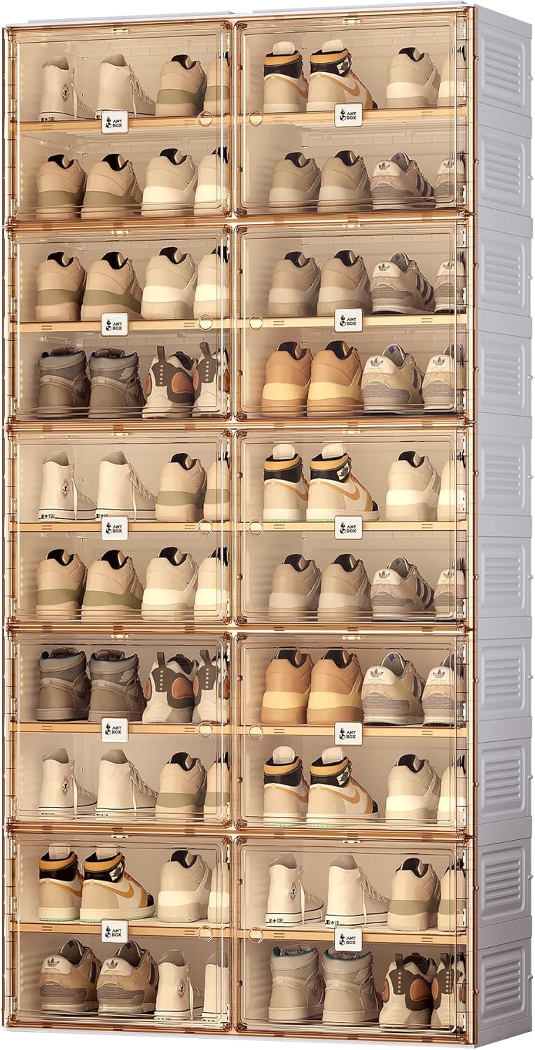 ANTBOX Portable Shoe Rack Organizer for Closet Entryway, Stackable Sneaker Storage Shoe Cabinet with Magnetic Clear Door, Large Plastic Storage containers Bins with Lids 7 Tiers 28 Pairs