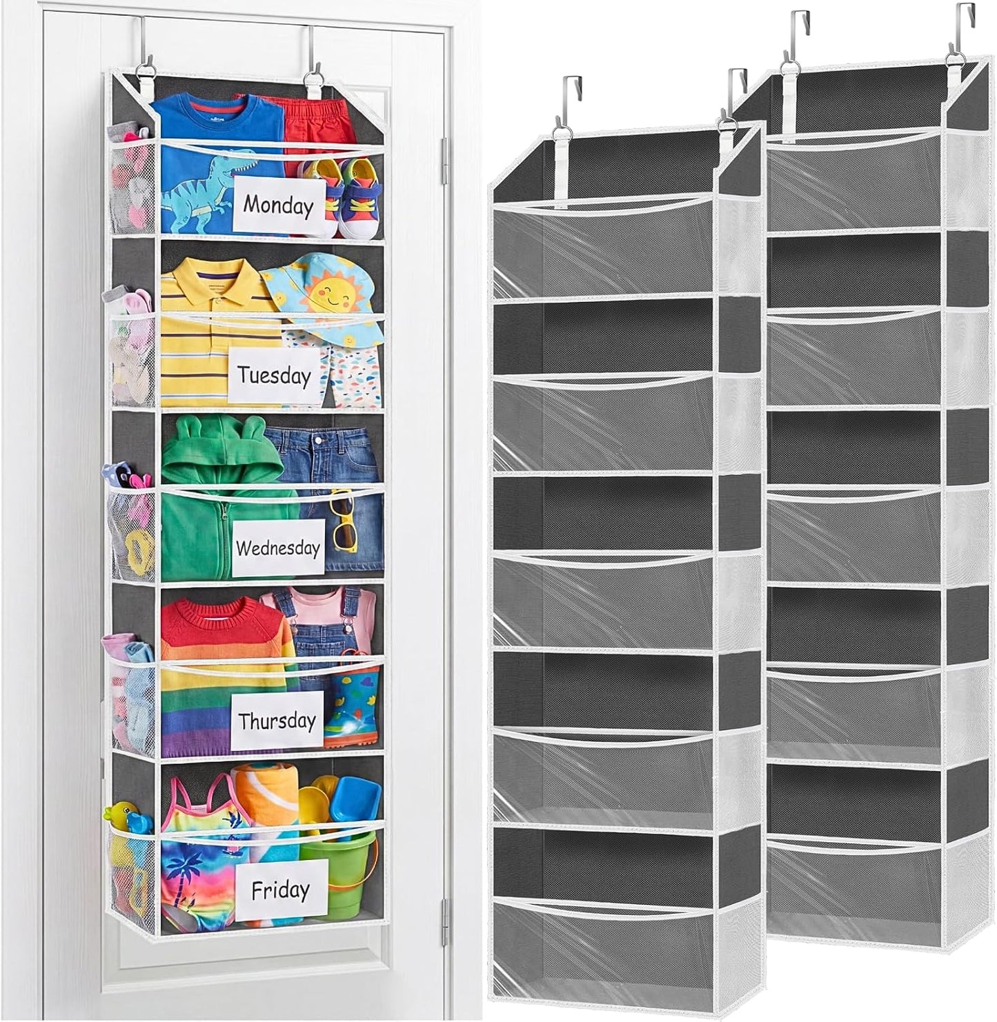Over The Door Organizer, 5-Tier Extra Large Behind Door Storage with 10 Big Front & 10 Mesh Pockets, 80lb Capacity, Hanging Storage Organizer with Clear Window Kids Toys, Shoes, Diapers, Light Grey