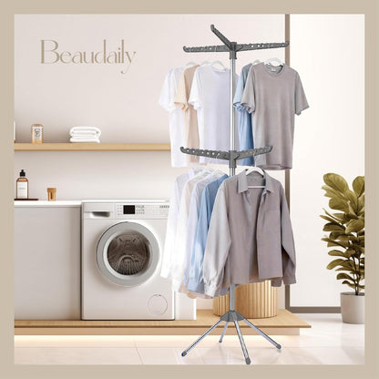 Beaudaily Clothes Drying Rack, Foldable 79.5-Inch Laundry Drying Rack,3 Tie, with Rotatable Arms, Stainless Steel, Holds 27 Clothes,8 Towels and 24 Clips for Hanging Socks, White and Silver