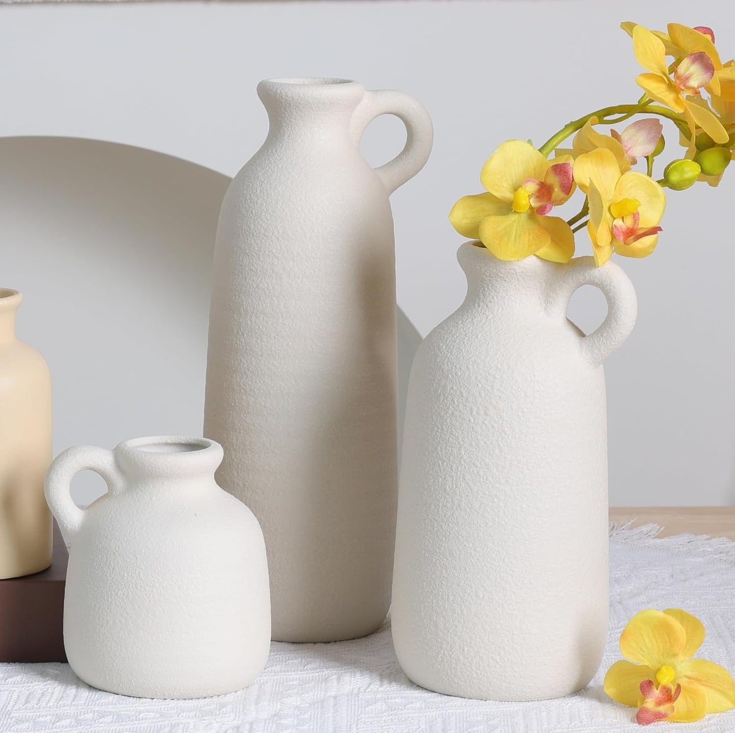 CUCUMI Ceramic Vase Set of 5, Home Decor Farmhouse Décor Handmade Pottery Vases for Pampas Grass, Dried Fresh Flowers, Table, Living Room, Kitchen, Shelf, Entryway Mantel Neutral Tones