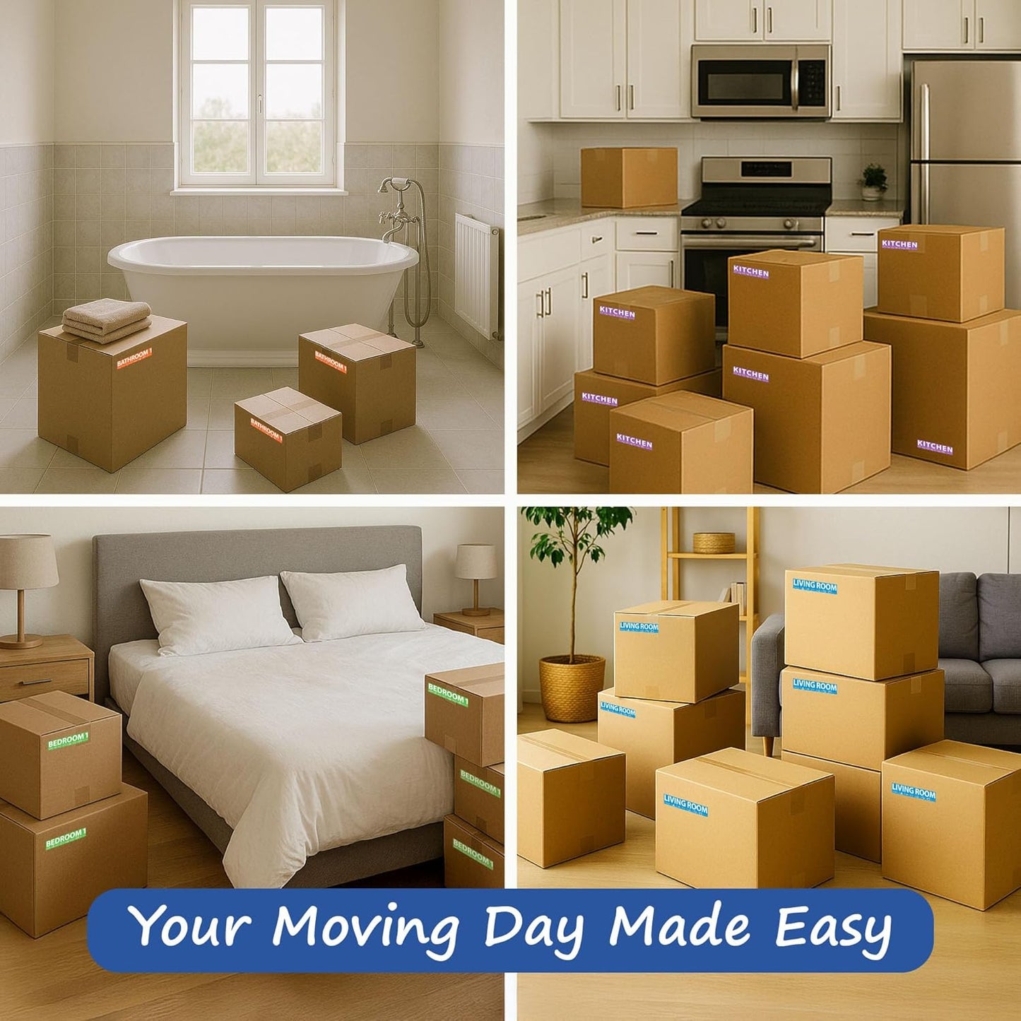 350 Home Moving Labels for 2 Bedroom House — 7 Color-Coded Room Labels (50 Each) + Fragile Stickers for Moving Boxes, Supplies, Wardrobe Boxes, Apartment Moves