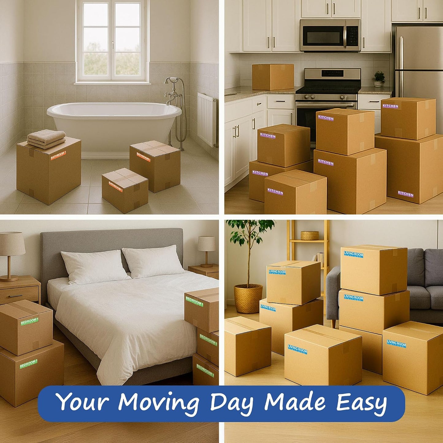 750 Moving Labels for 4 Bedroom Home — Color-Coded Room Stickers & Fragile Labels for Boxes, Supplies, Wardrobe Boxes, Apartment & House Moves