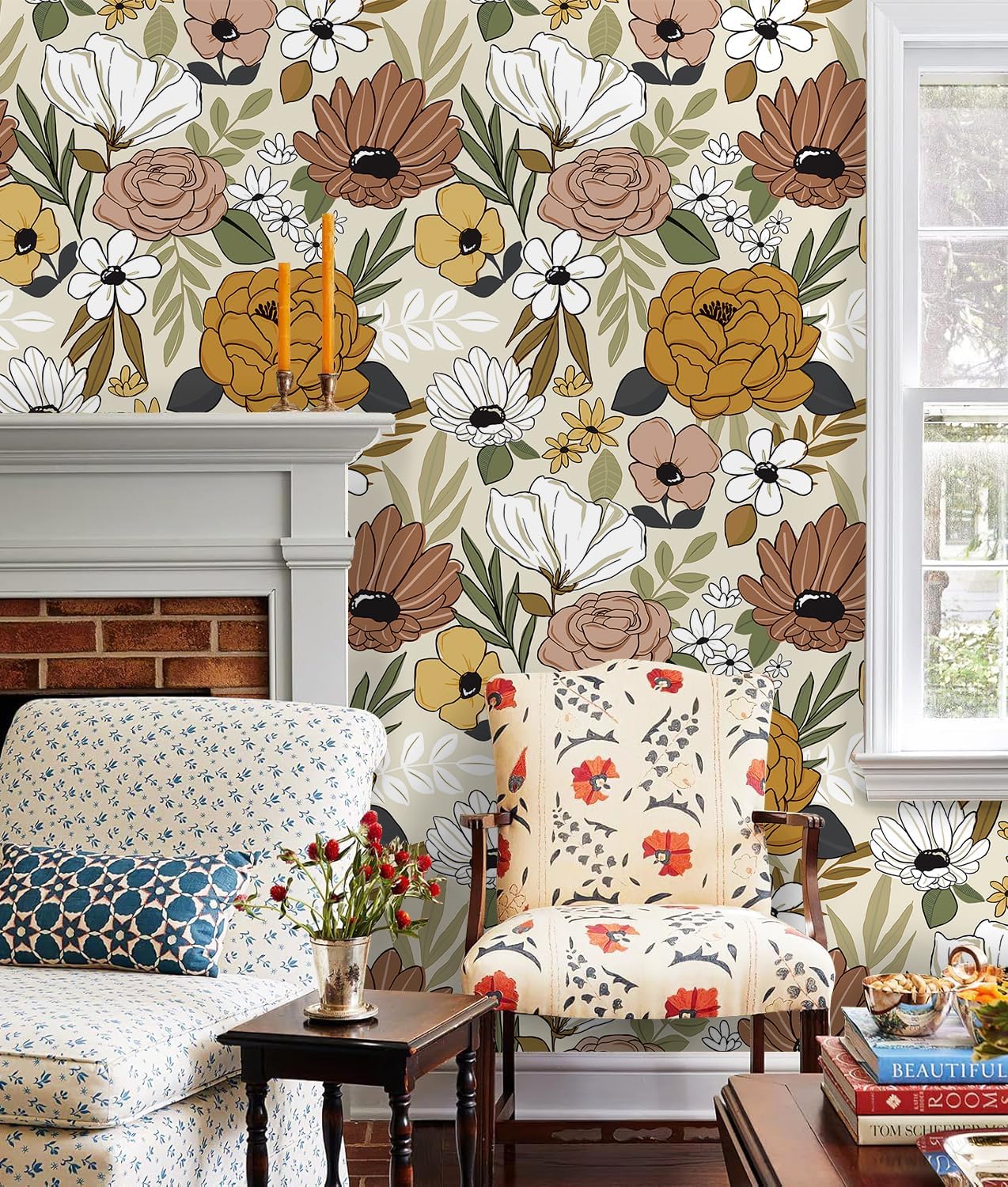 Floralplus Floral Wallpaper Peel and Stick Removable Wallpaper Boho Renter Friendly Dark Flower Wallpapers Contact Paper for Walls Cabinet Bedroom Bathroom Decor 17.5 in x 118 in