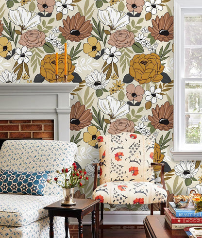 Floralplus Floral Wallpaper Peel and Stick Removable Wallpaper Boho Renter Friendly Dark Flower Wallpapers Contact Paper for Walls Cabinet Bedroom Bathroom Decor 17.5 in x 118 in