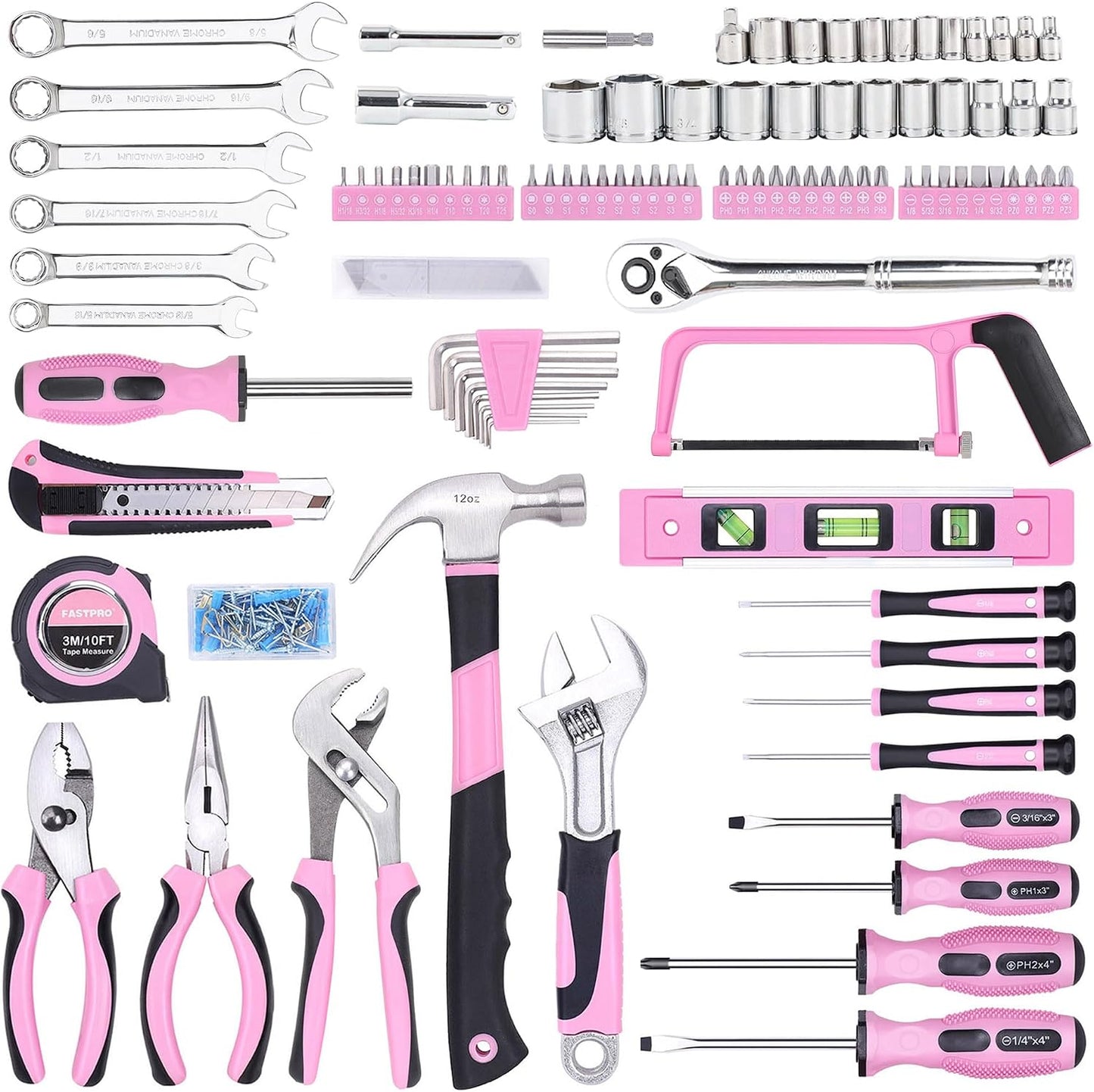 FASTPRO 198-Piece Pink Tool Set, Household Repairing Tool Set with Toolbox, SAE Mechanics Hand Tool Kit for DIY, Home Maintenance