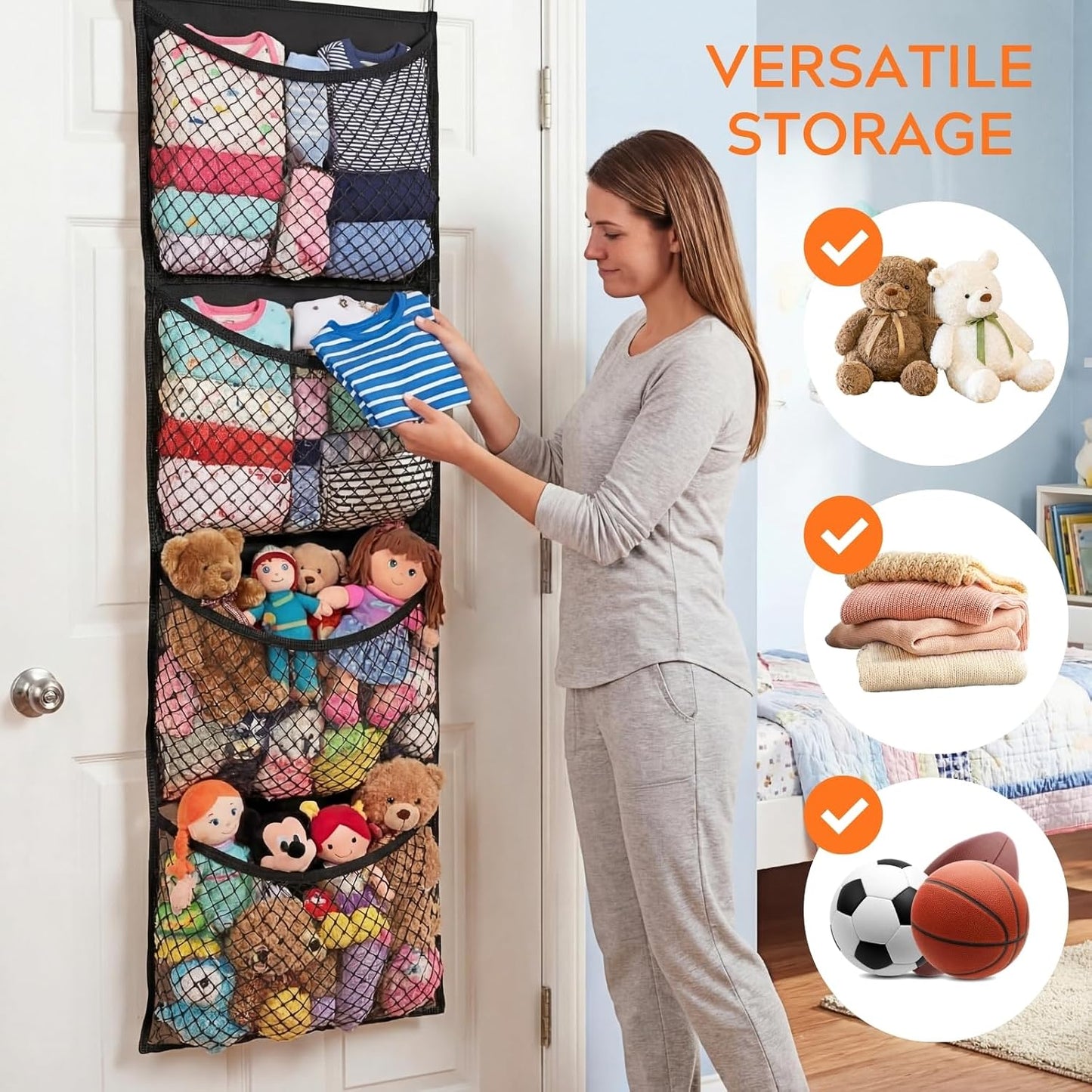 Ofiray-home Cotton Over The Door Stuffed Animal Storage | Toy Organizer for Storage Plush Toys, Stuffed Animal Holder with 4 Large Pockets, Hanging Door Organizer for Nursery