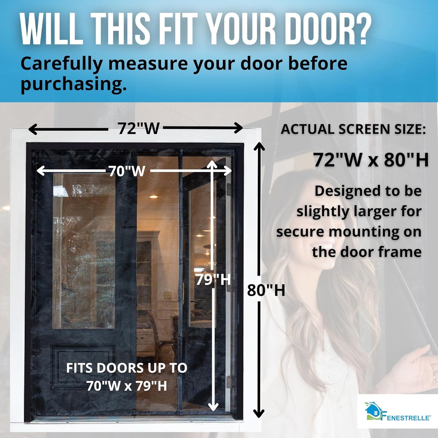 Fenestrelle Magnetic Screen Door for French & Sliding Door – Heavy Duty, Hands Free Fiberglass Mesh with Self Closing Magnetic Seal, White Trim – Fits 70" x 80" Doors (Screen Size 72" x 82")