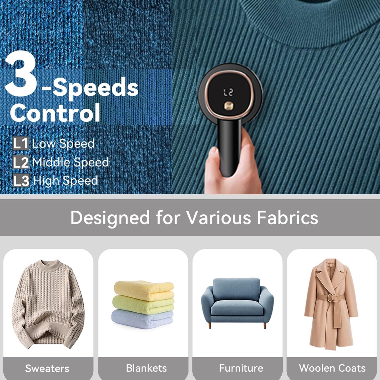Rechargeable Fabric Shaver for Clothes: 6-Leaf Blades & 3 Speeds to Remove Pilling, Fuzz & Lint Balls - with LED Display, Portable Electric Lint Remover for Sweater, Couch, Blanket, Furniture