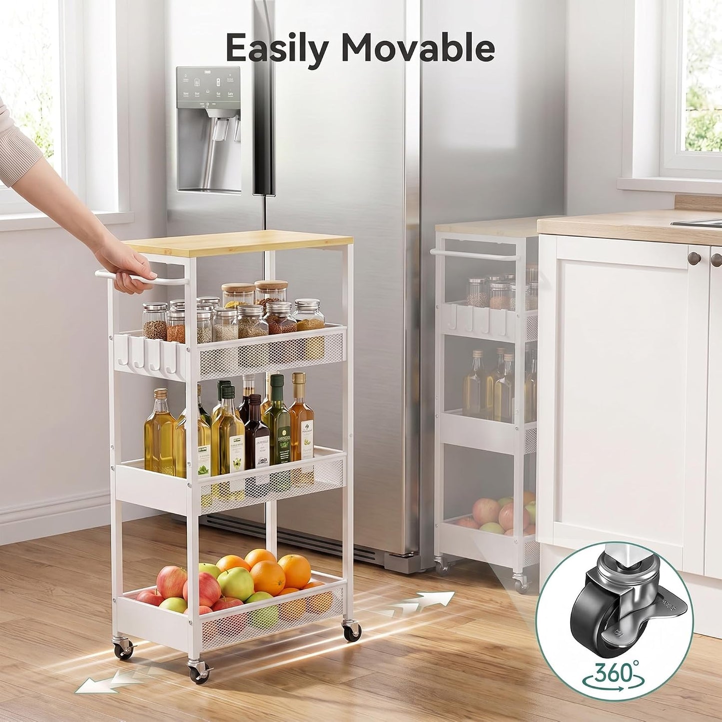 Vincona 7.1" Wide Slim Storage Cart on Wheels, 4 Tier Metal Narrow Rolling Cart with Handle and Wood Top, Multifunctional Small Mobile Shelf Unit Organizer Trolley for Laundry, Bathroom, Kitchen