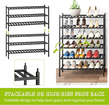 BMOSU 2-Tier Bamboo Small Shoe Rack Premium Stackable Shoe Shelf Storage Organizer for Hallway Closet Living Room Entryway Organizer (Black Bamboo)