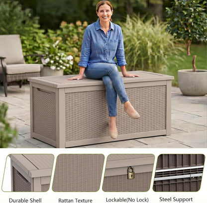 Waterproof Outdoor Storage Box Outside Deck Box Lockable Resin Bench UV Resistant Furniture Cushion Pool Tool Float Bin Patio Garden Porch (Black, 120 Gallon)