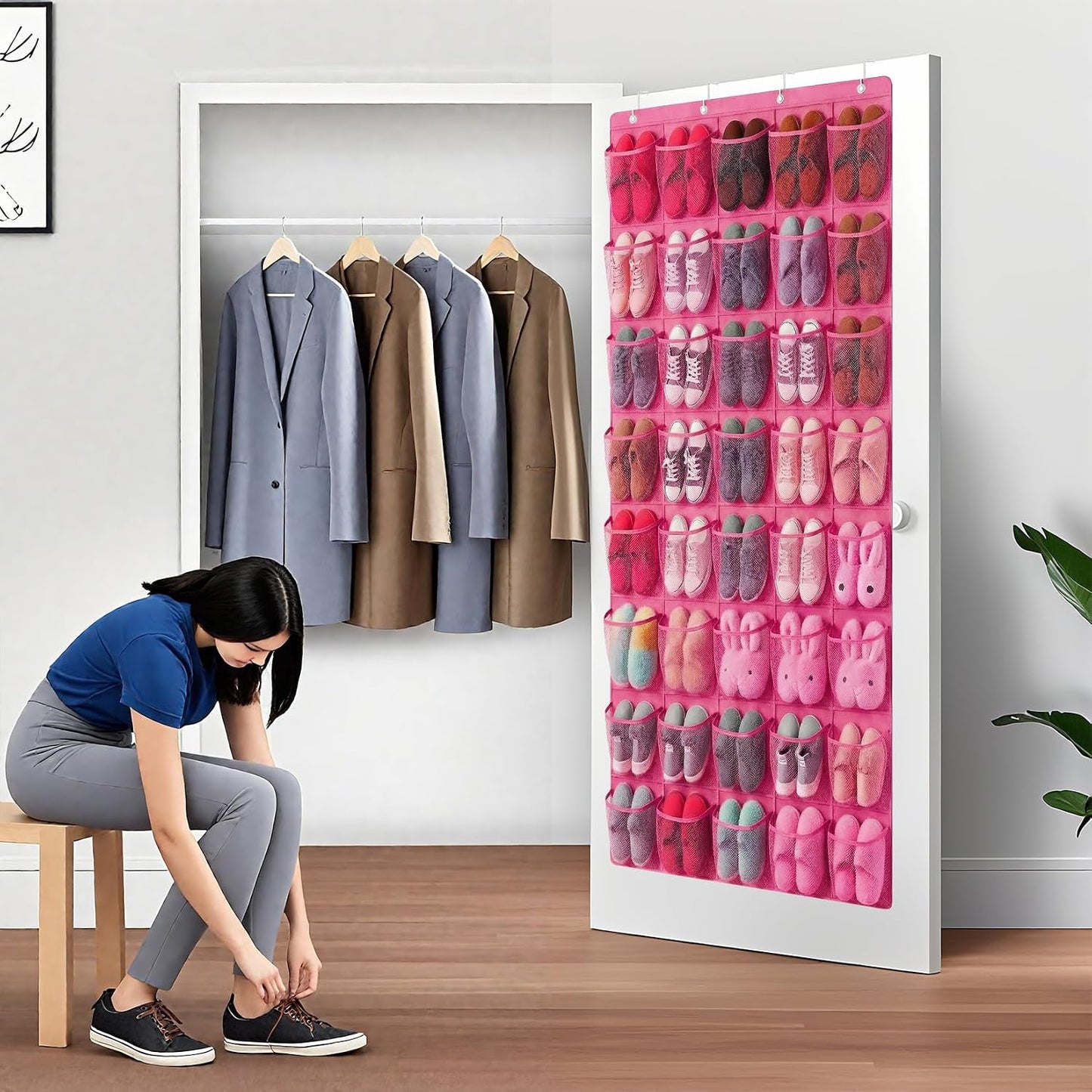 40 Large Mesh Pocket Over the Door Shoe Organizer,Hanging Shoe Rack for Door,Hualleko Shoes Organizer Hanger with Large Capacity, Shoes Storage Holder Sturdy Non-woven Fabric - Stores 20 Pairs (White)