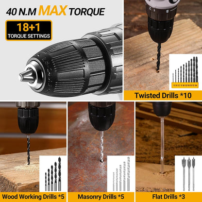 Cordless Drill Tool Kit Set: 20V Power Drill Tool Box with Battery Electric Drill Driver for Men Home Hand Repair Basic Toolbox Tools Sets Drills Case
