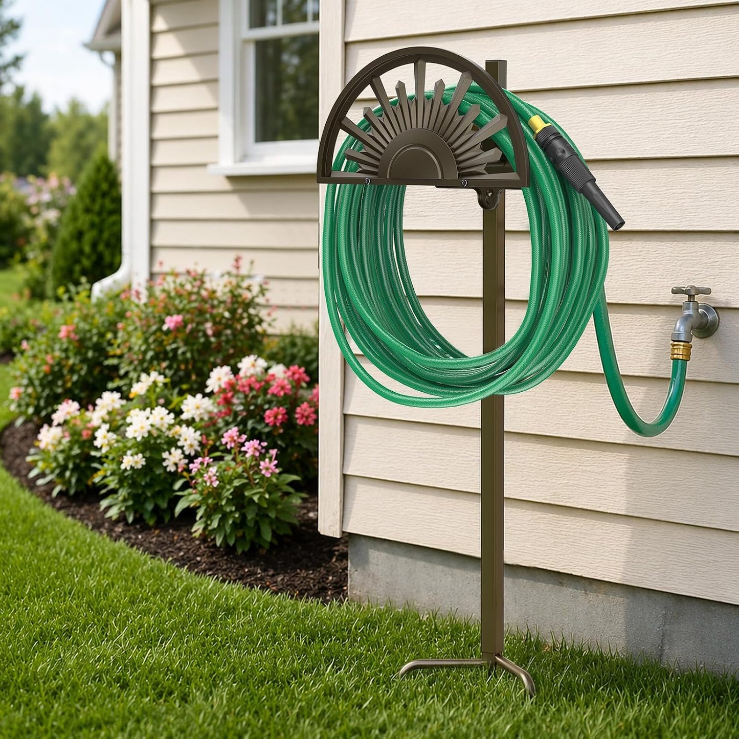 GOFORWILD Garden Hose Holder Holds 125-Feet of 5/8-Inch Hose Guage Steel | Decorative Hose Hanger Wall Mounted for Outside Yard Lawn Farm Heavy Duty Gift