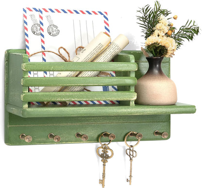 Rebee Vision Pine Wood Key Holder Wall Mount for Room Decor– 6 Hooks for Umbrella & Hats - Wooden Key Holder for Wall with Mail Slot Can Store Letters and Postcard (Green)
