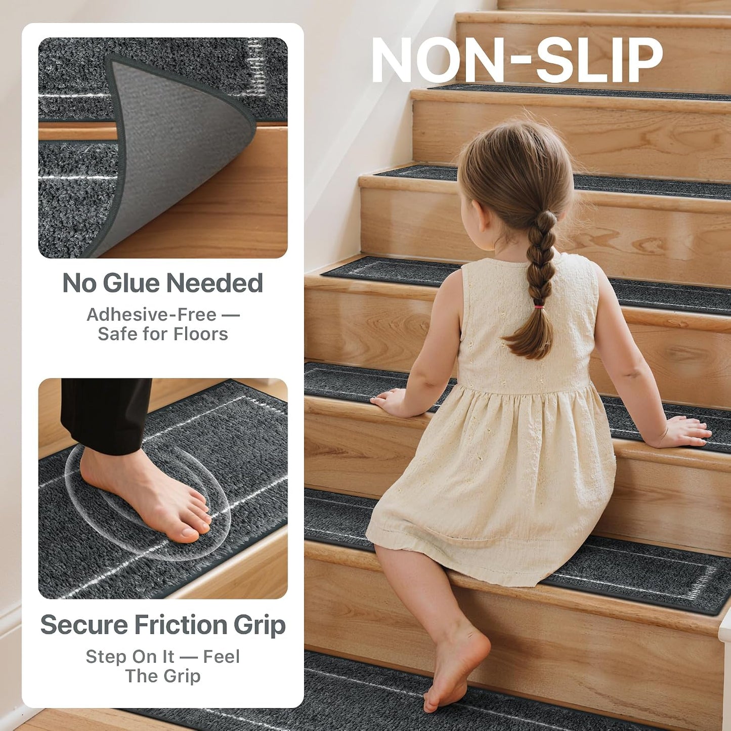 sarben Non Slip Stair Treads for Wooden Steps 15PCS - 8"x30" Indoor Safety Carpet, Edging Mats with TPE Adhesive Backing, Pet and Elderly Friendly Stair Rugs (Taupe) - Colors A