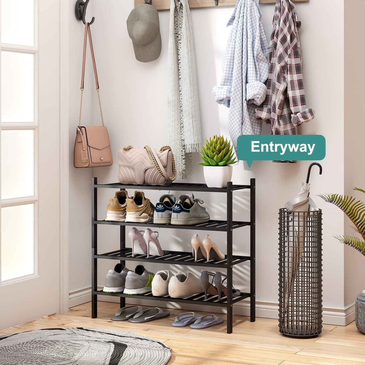 viewcare 3-Tier Black Bamboo Shoe Rack for Entryway, Stackable | Foldable | Natural, Shoe Shelf Storage Organizer for Hallway Closet, Free Standing Shoe Racks for Indoor Outdoor