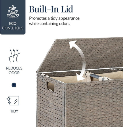 Best Choice Products Large Double Laundry Hamper with Lid, Natural Handwoven Water Hyacinth, 2 Sections w/ 2 Machine Washable Linen Liner Bags, Portable, Handles - Natural