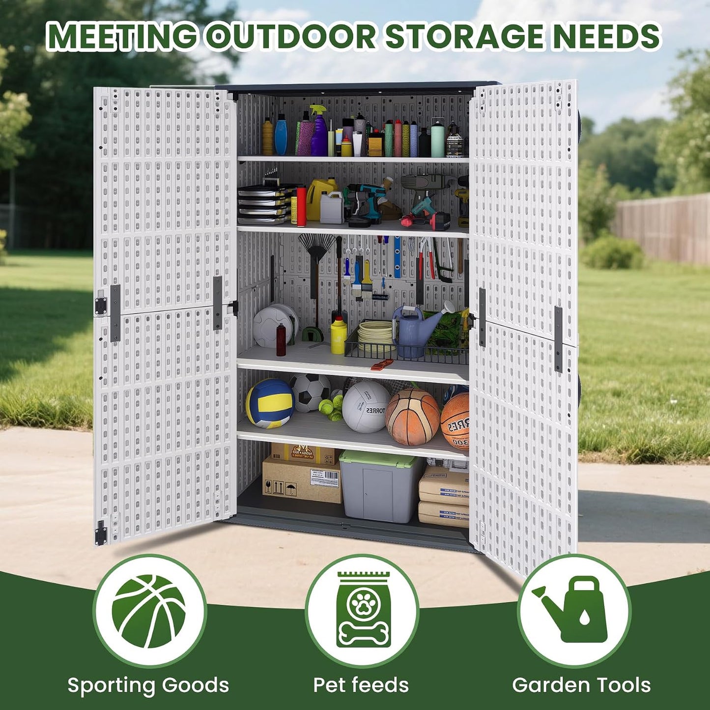 Greesum Outdoor Storage Cabinet, 26 CUFT Deck Box Without Shelves, Waterproof Plastic Storage Shed for Patio Cushions, Gardening Tools, Lockable and Sidehandles, UV Resistant, Beige