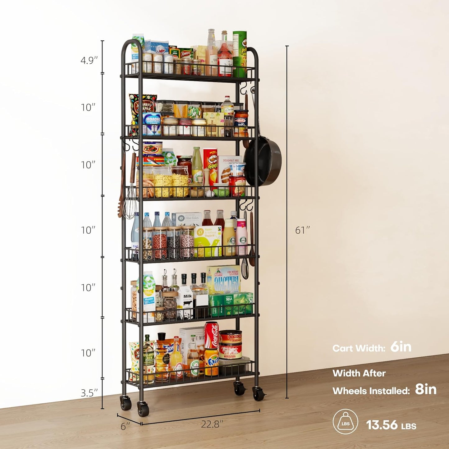 6-Tier Slim Storage Cart, Rolling Kitchen Cart with Wheels | Narrow Metal Shelf Organizer with Hooks for Kitchen, Bathroom, Living Room, Laundry, Small Spaces, Black, 6 in