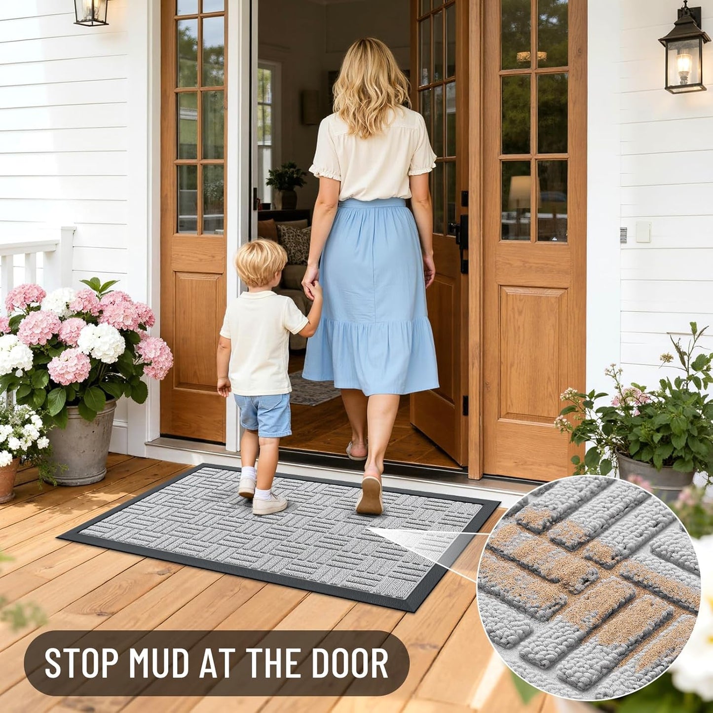 OLANLY Front Door Mat Outside Entrance 29.5x17, Absorbent, Heavy Duty Sturdy Natural Rubber Doormat Indoor Outdoor, Stain and Fade Resistant, Non-Slip Backing Low Profile Floor Mat for Entryway, Grey