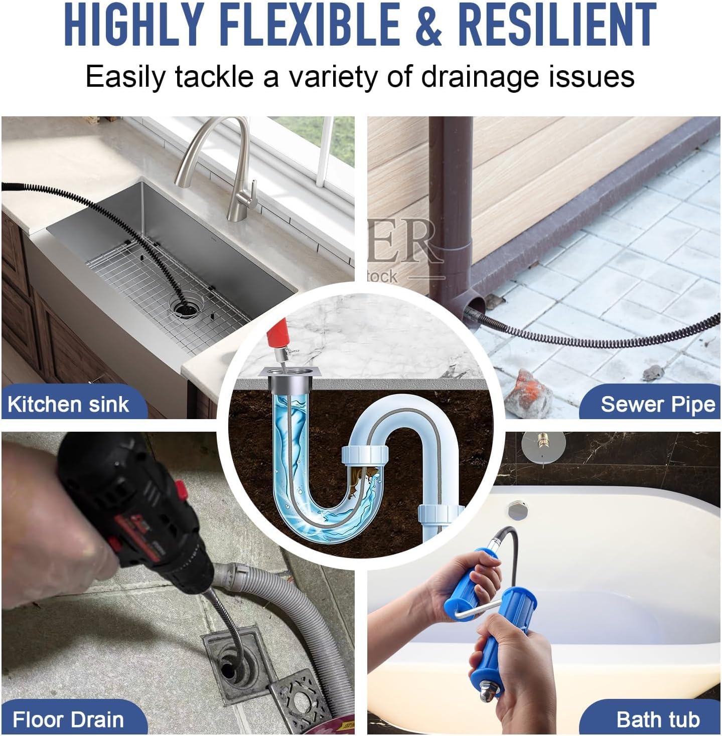 Drain Snake, Drain Auger with Drill Attachment, 16.4 Feet By 12 MM Plumbing Snake Auto Feed Flexible Hair Drain Clog Remover for Kitchen, Bathrom and Shower Sink
