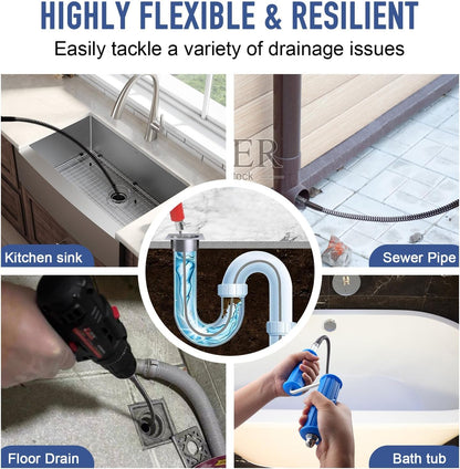 Drain Snake, Drain Auger with Drill Attachment, 16.4 Feet By 12 MM Plumbing Snake Auto Feed Flexible Hair Drain Clog Remover for Kitchen, Bathrom and Shower Sink