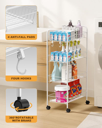 Mythinglogic 4 Tier Rolling Cart with 360° Wheels, Snack Cart, Removable Wire Baskets, Metal Utility Storage Rack for Kitchen, Bathroom, Laundry Room, Office