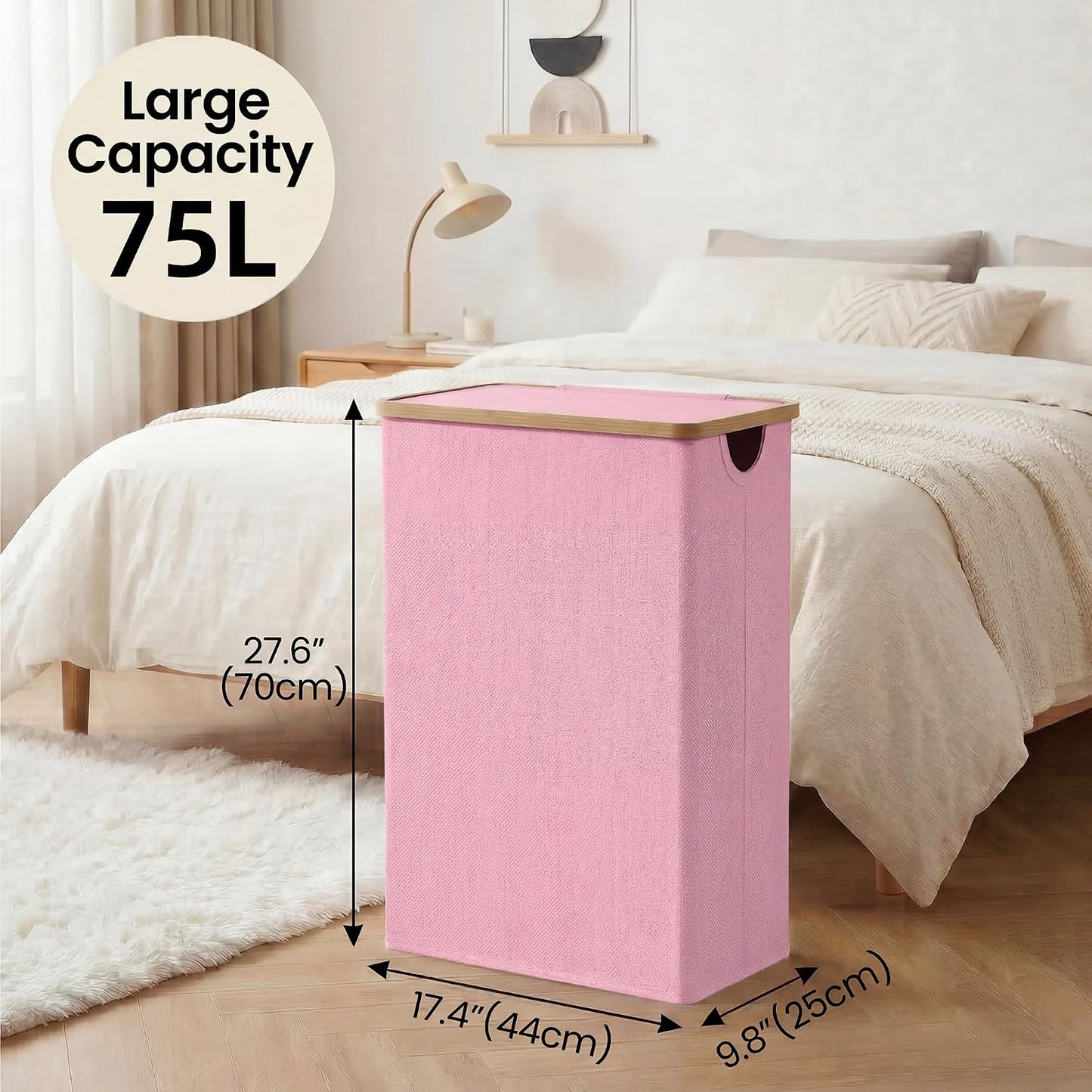 efluky Slim Laundry Basket with Lid, Narrow Laundry Hamper with Removable Bag, Skinny Dirty Clothes Basket with Bamboo Handles for Bathroom, Bedroom & Laundry Room, 75L Beige