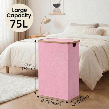 efluky Slim Laundry Basket with Lid, Narrow Laundry Hamper with Removable Bag, Skinny Dirty Clothes Basket with Bamboo Handles for Bathroom, Bedroom & Laundry Room, 75L Beige