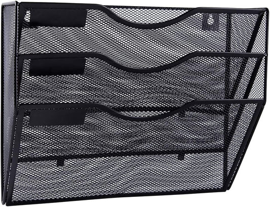 EASEPRES 5 Pocket Mesh Hanging File Organizer with Key Holder Hooks & Nametag Label, Wall Mounted Mail Paper Document Folder Storage Organization Magazine Rack for Office Cubicle, 5 Tier Black