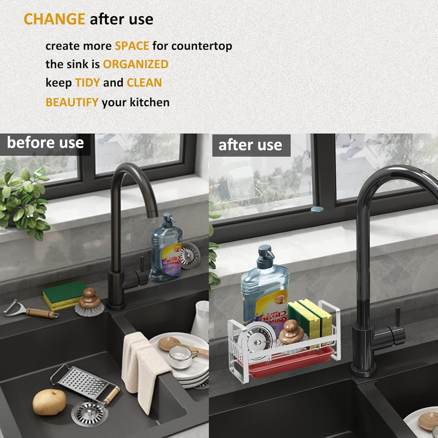 Kitchen Sponge Holder for Sink, Kitchen Sink Caddy Organizer, Sink Tray Drainer Rack, Dish Rags Brush Soap Storage Countertop with Removable Front Drain Pan - Black