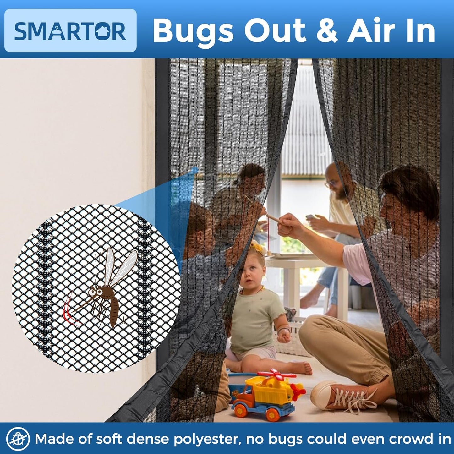 Smartor Magnetic Screen Door Magnetic Closure Fits 36"x82" Doors |Polyester - Retractable Screen Door Mesh| Self Sealing|Hands Free |Keeps Bugs Out|Pet and Kid Friendly-38 Inch x 83 Inch