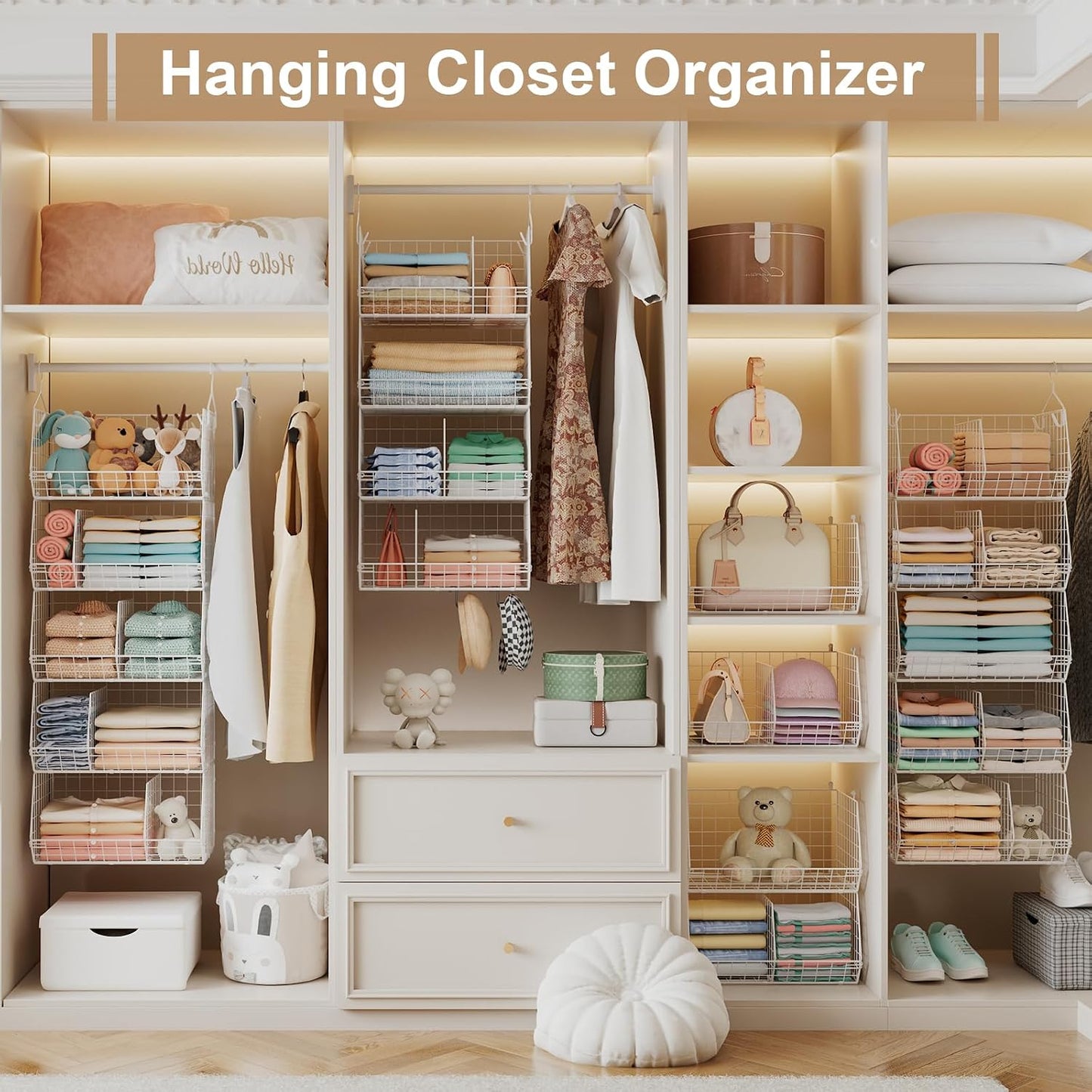 Jautokerdar 4 Tier Hanging Closet Organizer with Dividers,Extra Large Storage Hanging Shelf with 5 S Hooks 4 Dividers,Hang on Wire Closet Shelving Clothes Organizer-Black