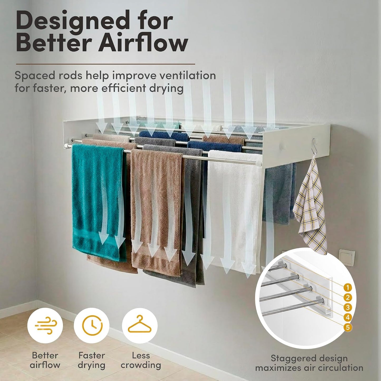 Wall Mounted Drying Rack Stainless Steel 31.5", Foldable Clothes Drying Rack with 4 Hooks & 5 Rods, Heavy Duty Outdoor Indoor Clothes Drying Rack for Apartment Bathroom Balcony Laundry Room