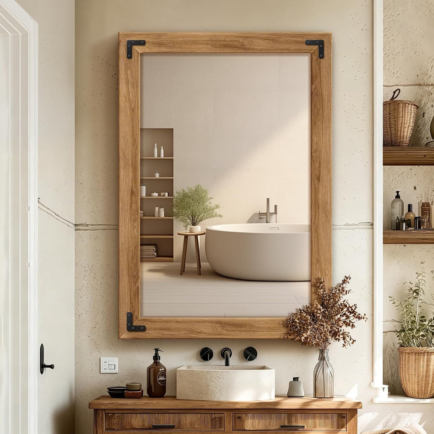 TRAHOME Full Length Mirror with Wooden Frame, 56"X22" Solid Wood Standing Floor Mirror for Farmhouse, Bathroom, Bedroom Decor, Hanging or Leaning Wall-Mounted