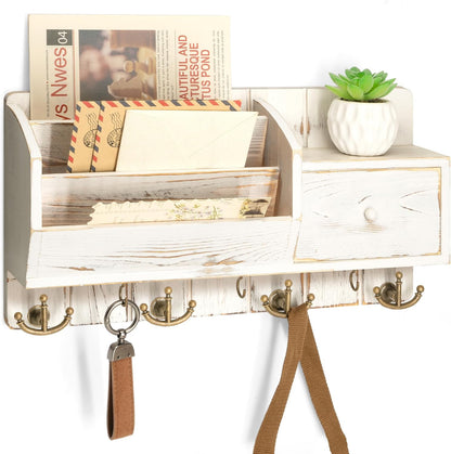 Rebee Vision Key and Mail Holder Wall Mount - Mail Organizer Wall Mount with Storage Hooks and Drawer for Modern Farmhouse Decor - Mail Organizer Wall Mounted for Rustic Apartment Essentials (Brown)