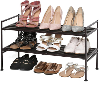Seville Classics Sturdy Freestanding Storage Shelf for Bedroom, Closet, Entryway, Dorm Room Organizer Stackable Durable Metal Shoe Rack Ash Gray Slat, 3-Tier