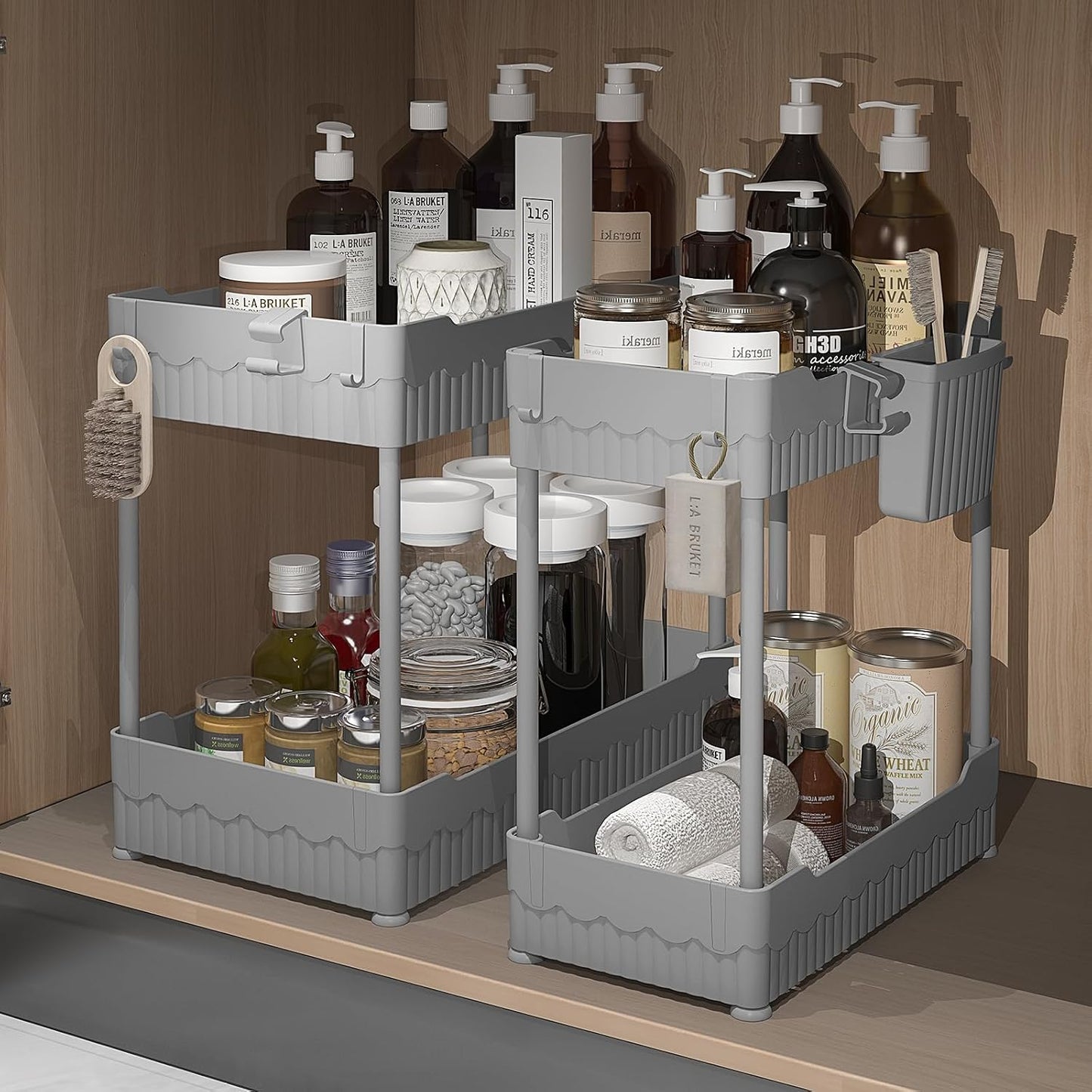Sevenblue 2 Pack Under Sink Organizer, Under Bathroom Cabinet Organizer with Hooks Hanging Cup, Multi-Purpose Storage Shelf for Kitchen Bathroom, Black