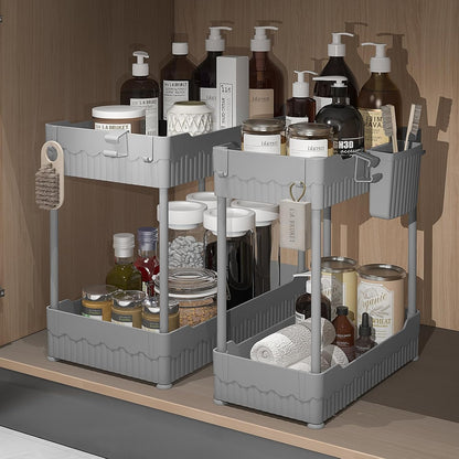 Sevenblue 2 Pack Under Sink Organizer, Under Bathroom Cabinet Organizer with Hooks Hanging Cup, Multi-Purpose Storage Shelf for Kitchen Bathroom, Black
