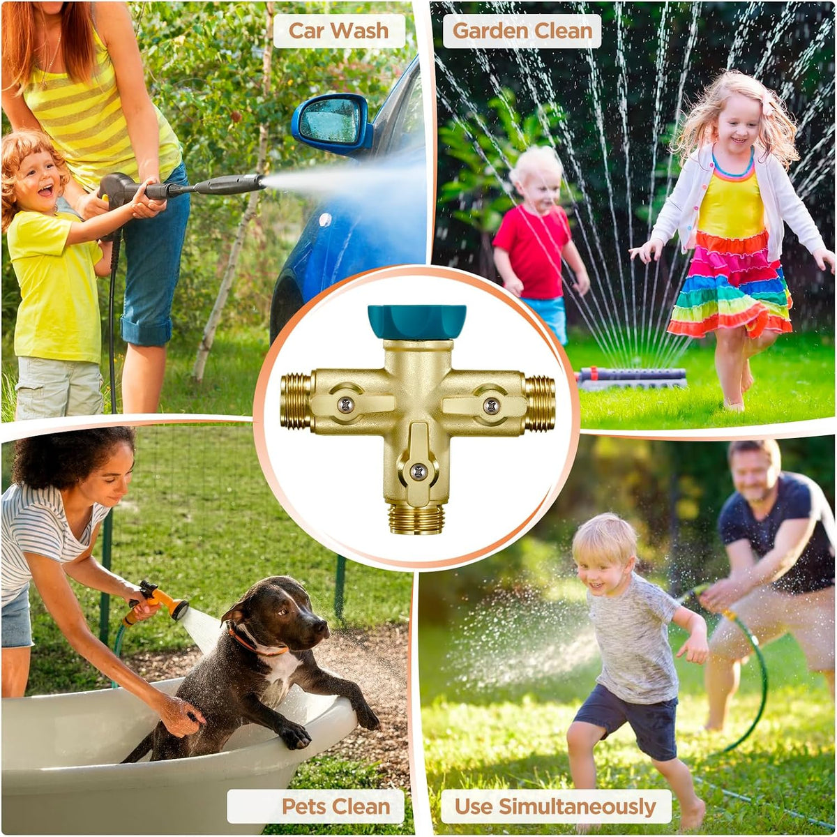 IPOW Upgrade Full Flow Garden Hose Splitter with Stainless Steel Handle, Brass Heavy Duty 2 Way Y Valve Garden Hose Splitter High Flow Spigot Splitter + 6 Rubber Hose Washers with Comfort Grip Use