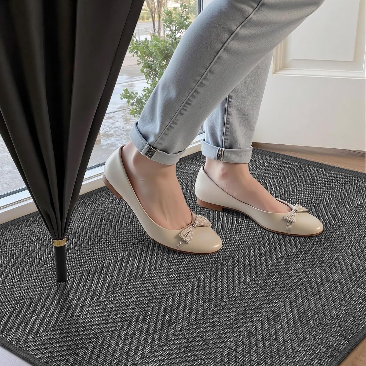Ultra Thin Indoor Door Mat 24"x36", Washable Door Mat Indoor Entrance, Non Slip Rubber Backing Doormat Low-Profile Inside Entryway Mat, Unique Herringbone Design Entry Mat, Khaki (FOLD)