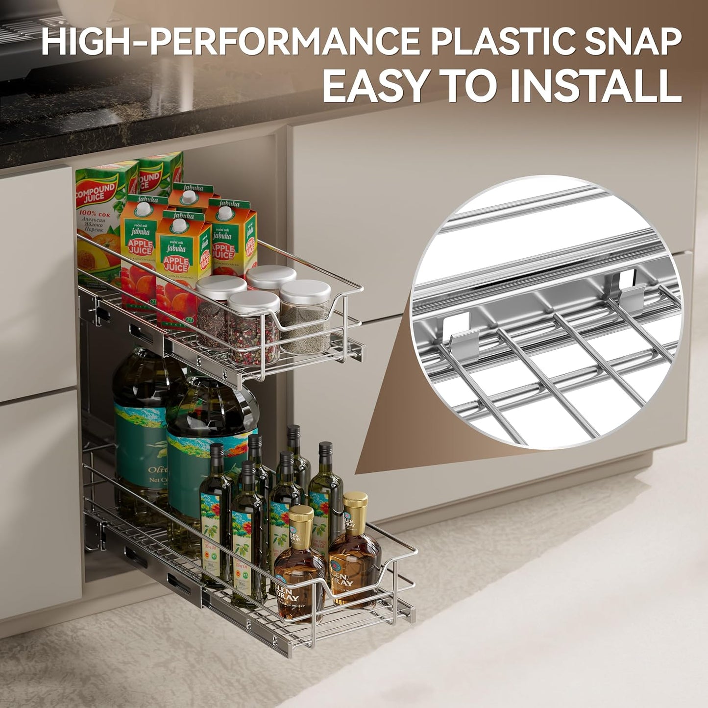 2 Tier Pull Out Cabinet Organizer 11" W X 22" D, Slide Out Drawers For Kitchen Cabinets, Pull Out Drawers For Cabinets Capacity Heavy Duty Caddy, Cabinet Pullout Shelves Chrome-Plated, Bathroom Pantry
