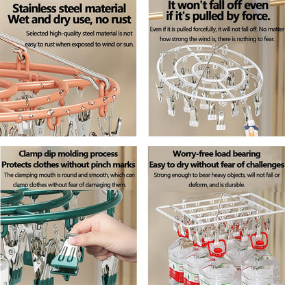 Stainless Steel Clothes Sock Drying Rack With 28 Clips, Swivel Hook Windproof Clothes Hanger Rack For Sock, Bras, Towel, Underwear, Hat, Scarf, Gloves, Pants Laundry Clothes Square28clamps pink