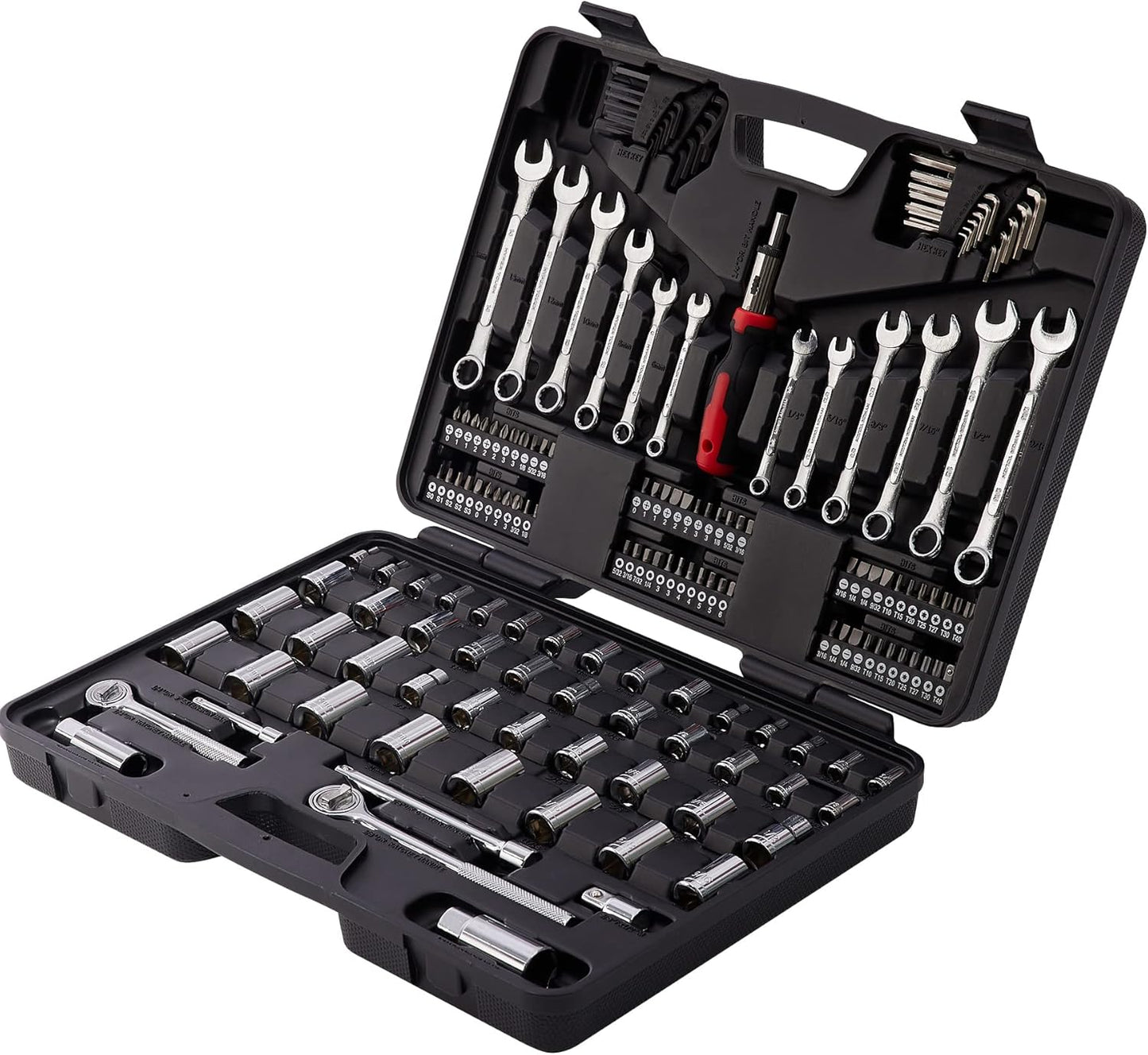 MECHMAX 121-Piece Mechanics Tool Set, 1/4 & 3/8-Inch Drive | Metric and standard SAE socket wrench kit. General automotive repair hand tool set for car mechanics and garage DIY
