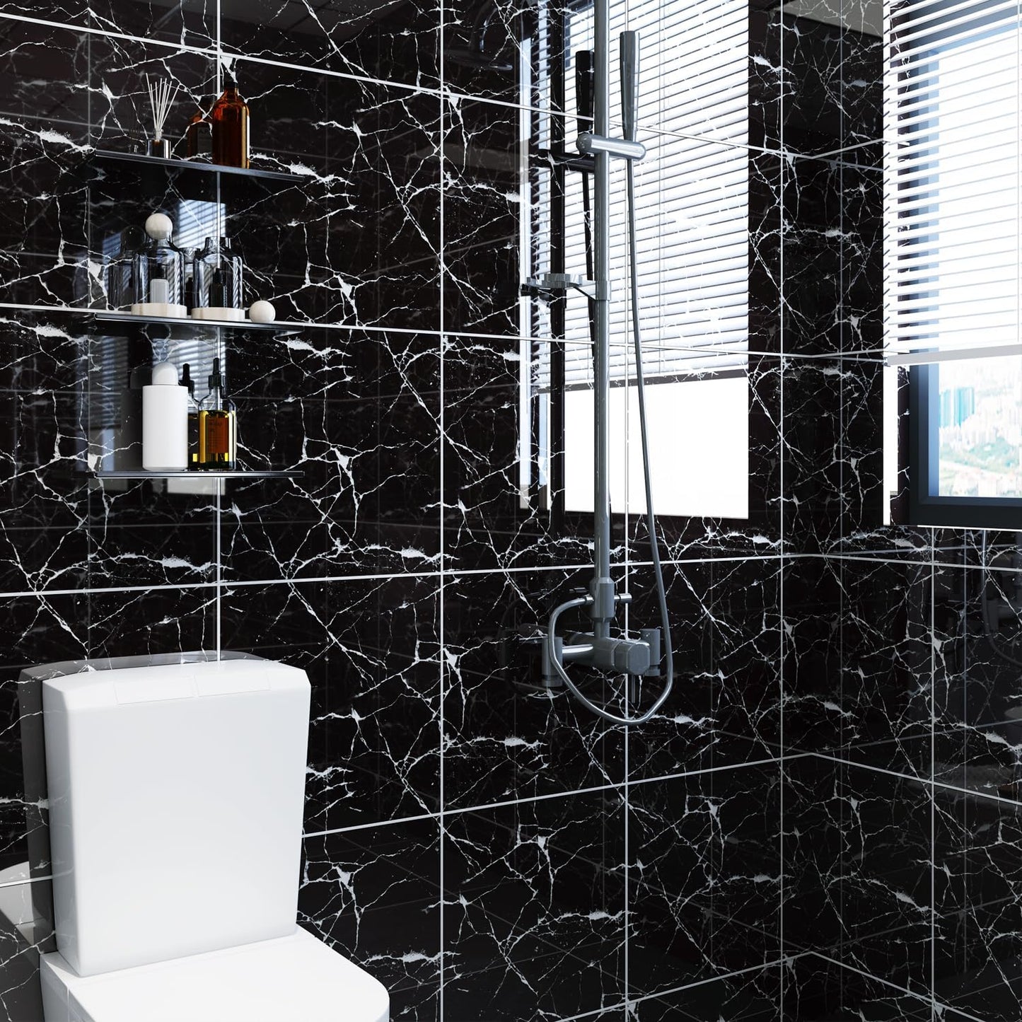 10pcs Peel and Stick Tile Shower Waterproof Marble Tiles Wall Panels, 11.8"x11.8" Self-Adhesive Backsplash Tile, PVC Wall Panels Shower Tiles for Home Bathroom, Kitchen, Living Room Blue