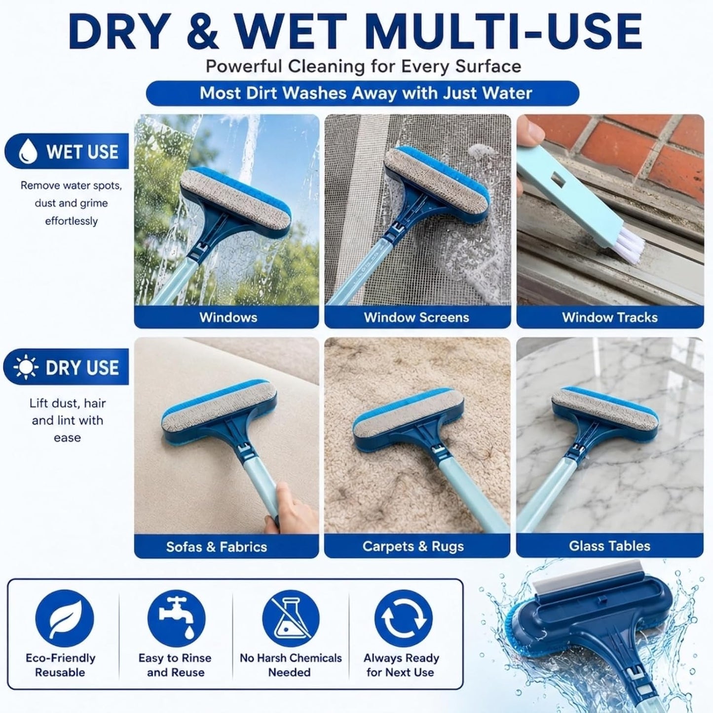 Window Screen Cleaner Brush, 3-in-1 Mesh Screen Cleaning Brush with Squeegee and Detachable Long Handle, Professional Soot and Dust Remover for Window, Patio, Door, Multi-Purpose Home Cleaning Kit