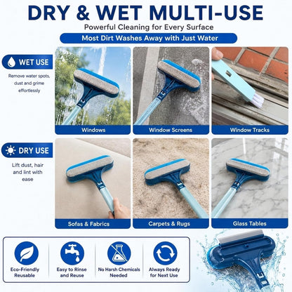 Window Screen Cleaner Brush, 3-in-1 Mesh Screen Cleaning Brush with Squeegee and Detachable Long Handle, Professional Soot and Dust Remover for Window, Patio, Door, Multi-Purpose Home Cleaning Kit