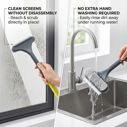 2Pcs Window Screen Cleaner Tool & Mesh Screen Cleaner Brush, 2-in-1 Double-Sided Scrubber with Detachable Handle, 16x46 cm